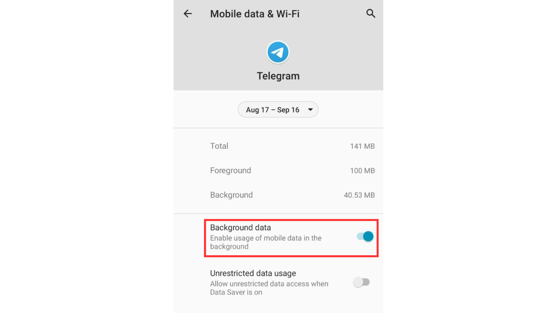 Android settings – Telegram mobile data & Wi-Fi screen with Background data enabled.