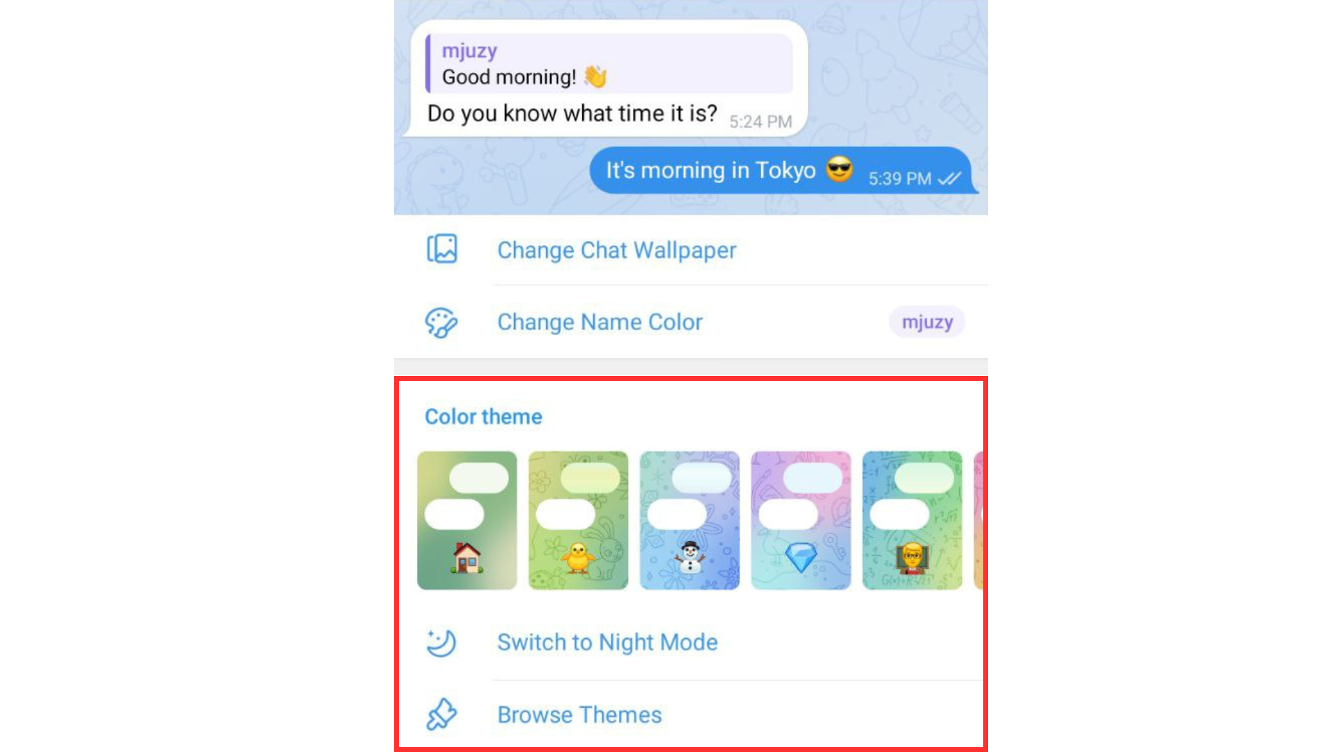 Telegram Chat Settings – Color Theme options for reading BirdyChat visitor messages comfortably