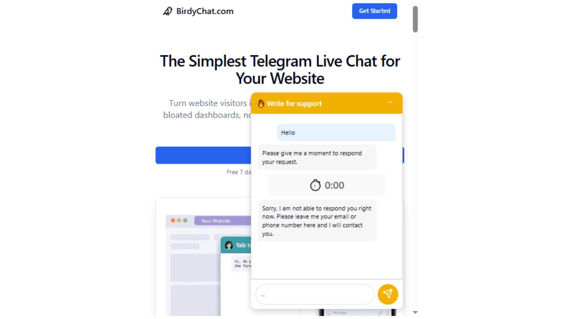 BirdyChat Chat Manager β Live chat preview showing firstAutoResponse and lastAutoResponse with timer