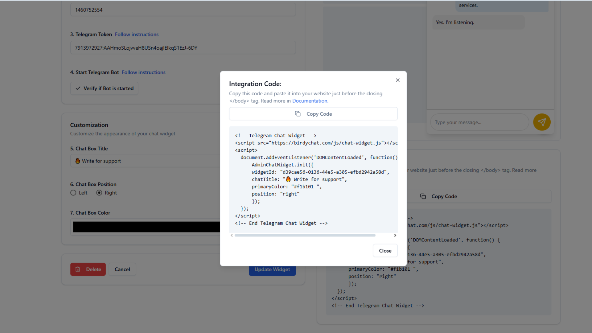 BirdyChat β Pop-up with widget integration code after creation